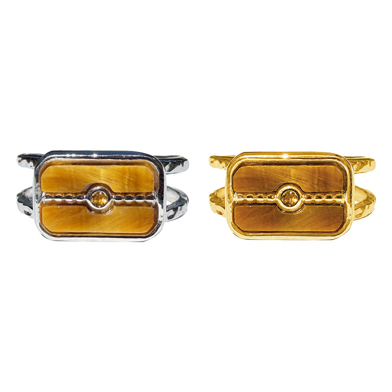 Bague Réglable Acier doré ou argenté avec Cabochon Œil de Tigre