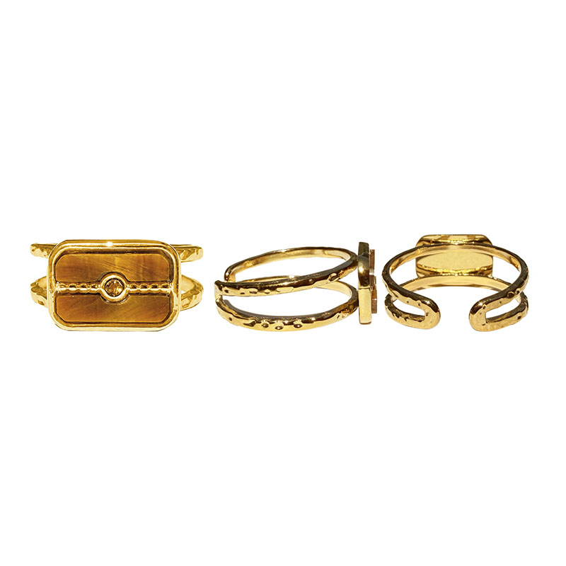 Bague Réglable Acier doré ou argenté avec Cabochon Œil de Tigre