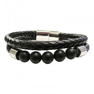 Bracelet 2 rangs cuir et 5 perles 8 mm en Onyx Noir Dépoli - 21,5 ou 23 cm - La pièce