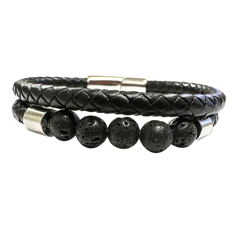 Bracelet 2 rangs cuir et 5 perles 8 mm en Lave - 21,5 ou 23 cm - La pièce