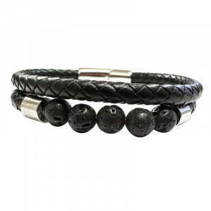 Bracelet 2 rangs cuir et 5 perles 8 mm en Lave - 21,5 ou 23 cm - La pièce