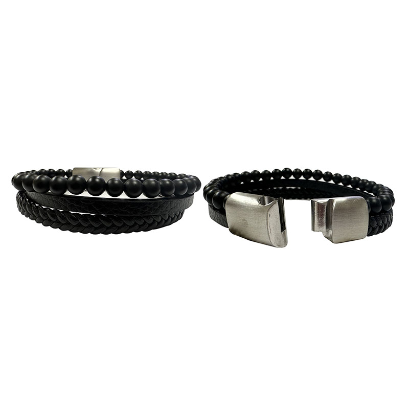 Bracelet 2 rangs cuir 1 rang Onyx Noir Depoli 6 mm - 21 ou 23 cm - La pièce