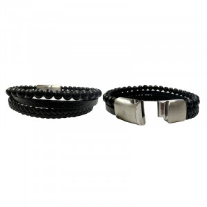 Bracelet 2 rangs cuir 1 rang Onyx Noir Depoli 6 mm - 21 ou 23 cm - La pièce