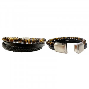 Bracelet 2 rangs cuir 1 rang Oeil de Tigre 6 mm - 21 ou 23 cm - La pièce