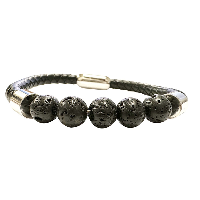 Bracelet Cuir 5 Perles Lave Fermeture acier - 21 ou 23 cm - La pièce