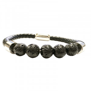 Bracelet Cuir 5 Perles Lave Fermeture acier - 21 ou 23 cm - La pièce