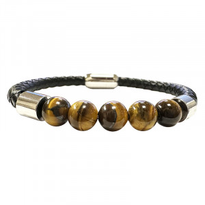 Bracelet Cuir 5 Perles Oeil Tigre Fermeture acier - 21 ou 23 cm - La pièce