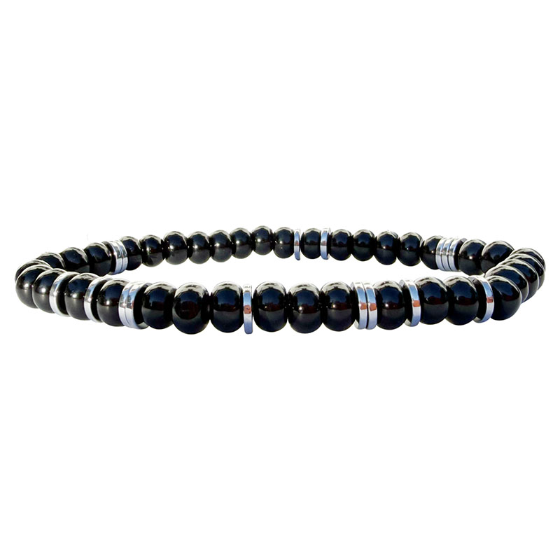Bracelet Disque 4 x 6 mm - Obsidienne Noire Hématite Argentée