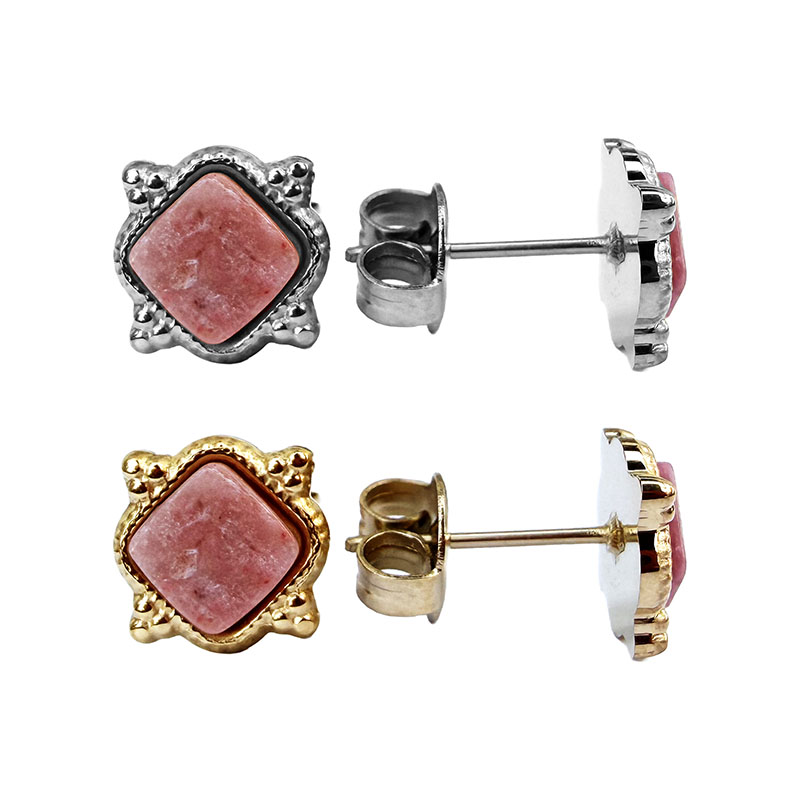 Boucles oreilles puces carrées rhodonite