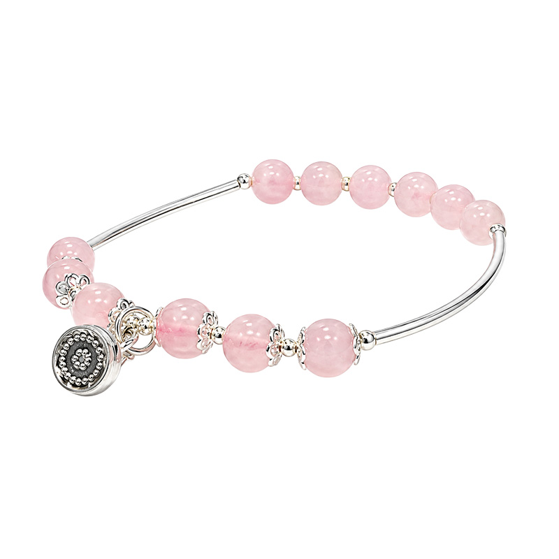 Bracelet en argent 925 avec billes en Quartz rose ou Grenat – Perles de 6 mm