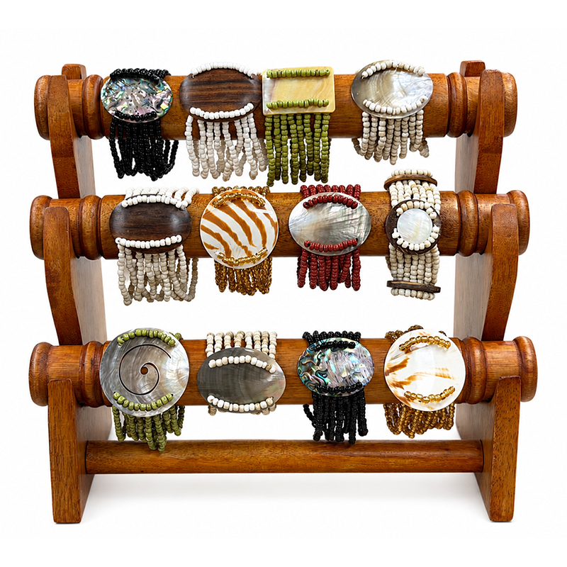 Lot de 12 bracelets d’Indonésie avec présentoir 3 rangs en bois