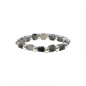 Bague sur élastique Larvikite et billes argent 0.925