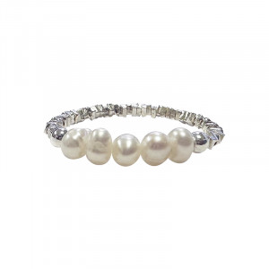 Bague sur élastique Perles Biwa et carré argent 925