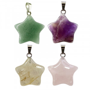 Lot de 4 Pendentifs Étoile : Quartz Hématoïde Jaune, Aventurine, Quartz Rose et Améthyste