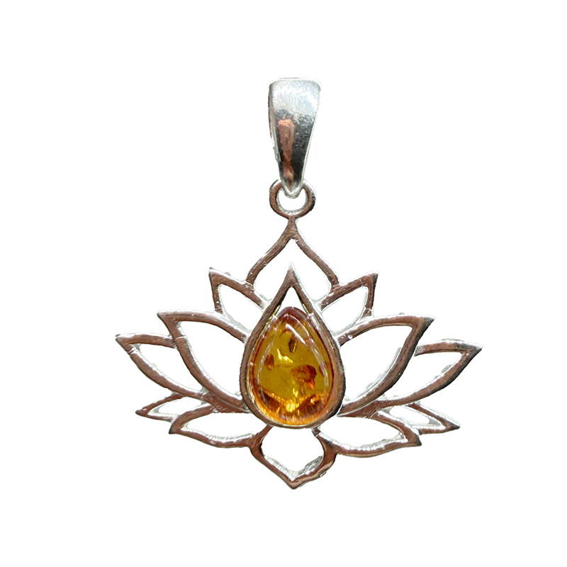 Pendentif Fleur Lotus Argent Goutte Ambre