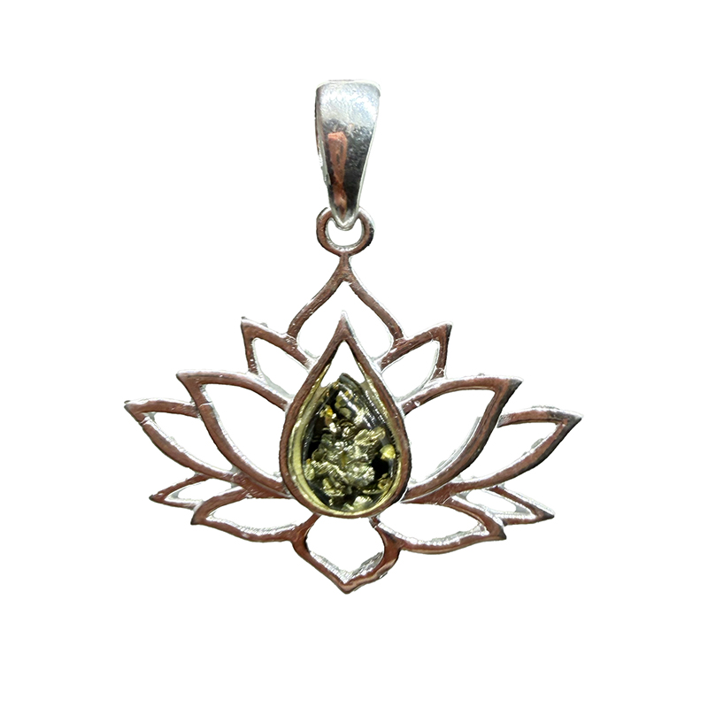 Pendentif Fleur Lotus Argent Goutte Ambre