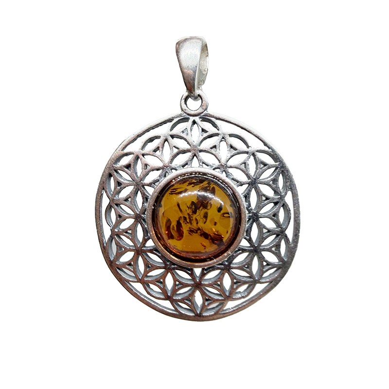 Pendentif Fleur de Vie Argent 925 Cabochon Ambre