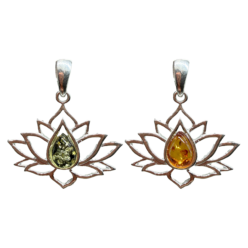Pendentif Fleur Lotus Argent Goutte Ambre