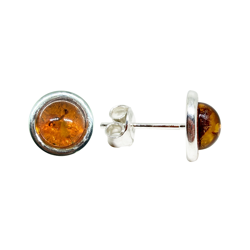 Puces oreilles argent 925 cabochon rond Ambre