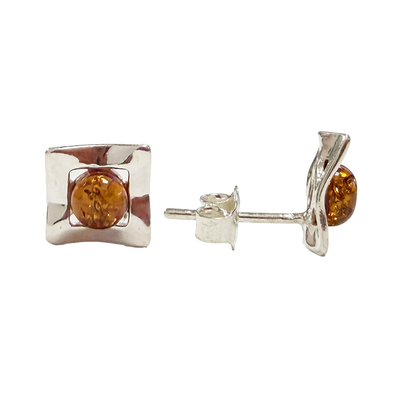 Puces oreilles carrées argent 925 Ambre